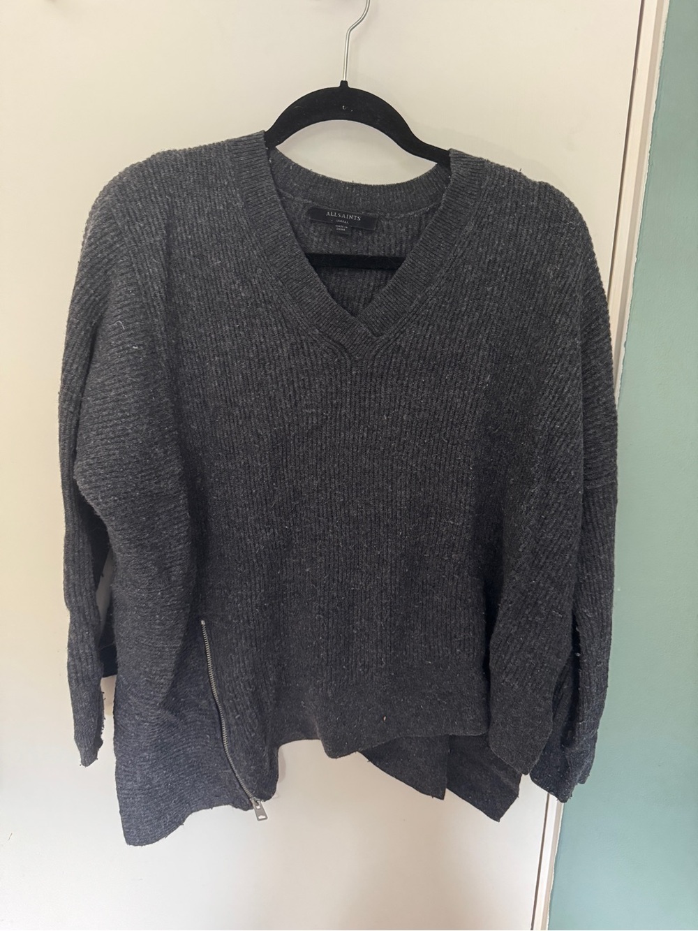 All Saints Alpaca Dark Charcoal V-Neck Ribbed Sweater with Side Zip